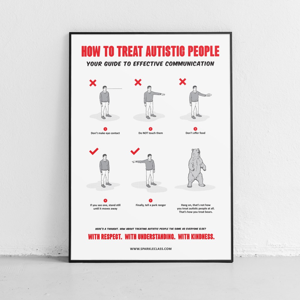 How to treat autistic people - a poster with words and illustration. 
