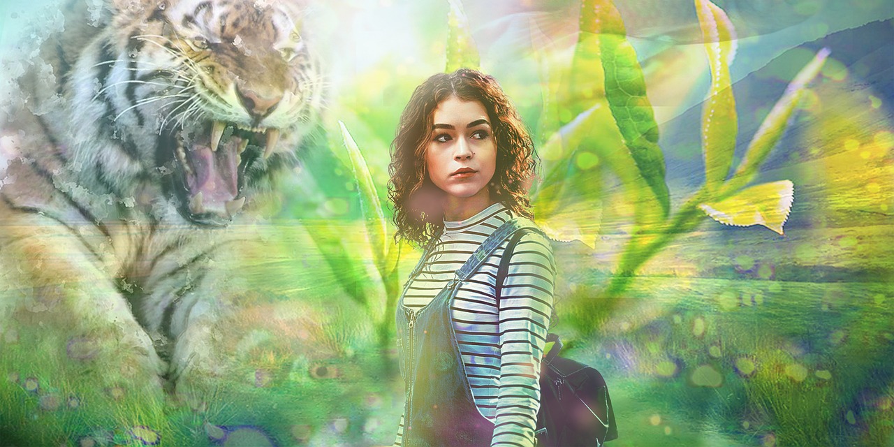 Picture of a girl in nature with a tiger